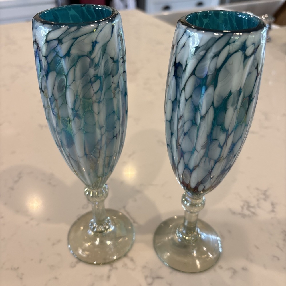 Cobalt Blue White Iridescent MexicoBlown Art Champagne Flute Wine Glass Wedding